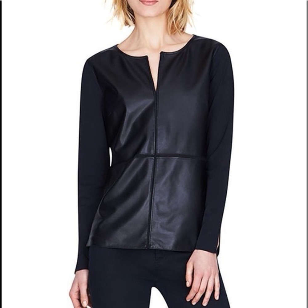 Ecru Leather Long Sleeve V-Neck Top